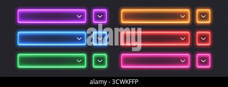 Neon dropdown buttons, glossy transparent banners made from glass. Stock Vector