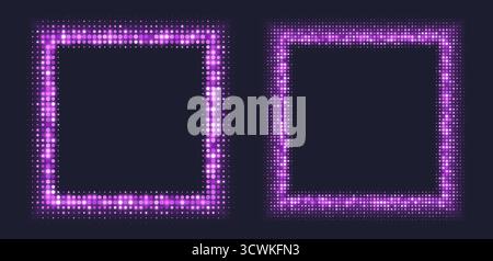 Purple halftone frames, glowing square borders, pattern with dots, radial disco luxury design element. Stock Vector