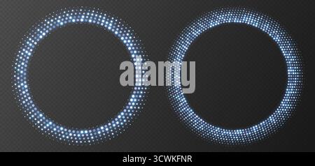 Blue halftone frames, glowing circle borders, round pattern with dots, radial disco luxury design element. Stock Vector