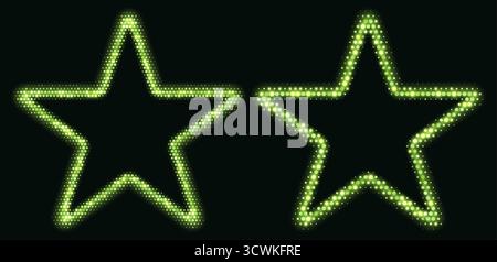 Green halftone star frame, glowing border, star pattern with dots, disco luxury design element. Stock Vector