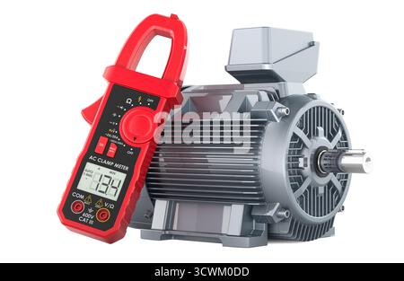 Electric motor with red digital clamp meter. 3D rendering isolated on white background Stock Photo
