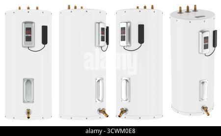 White electric water heater with electronic control panel and brass pipe fittings, shown from four angles. 3D rendering isolated on white background Stock Photo