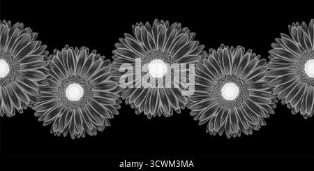 Beautiful monochrome, black and white seamless horizontal frame element of gerbera flowers. Stock Vector