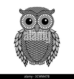 Zentangle stylized Black Owl. Hand Drawn vector illustration isolated on white background. Vintage sketch for tattoo design or mehandi. Stock Vector