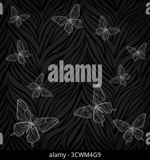 Beautiful seamless background. butterflies on animal zebra abstract print. Stock Vector