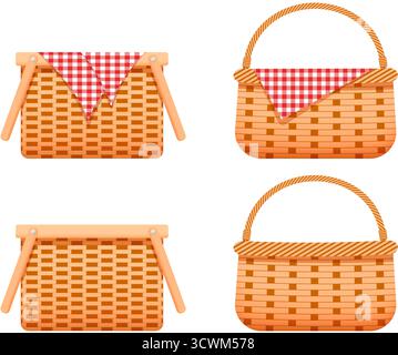 Set of empty wicker picnic baskets with and without checkered textile napkins. Collection of handmade woven willow hampers isolated on white background. Vector cartoon illustration. Stock Vector