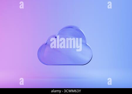 Neon Glass Cloud On Colored Pink Blue Background. Cloud Computing Concept, Modern Cloud Technology. Integrated Digital Web Concept Background, Interne Stock Photo