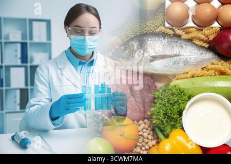 Food quality analysis. Laboratory worker with test tubes, double exposure with fresh products Stock Photo