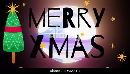 Merry Xmas text image with stars and Christmas tree over glowing background Stock Photo