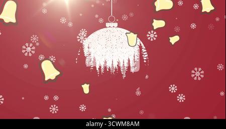 Snowflakes and multiple christmas bell icons christmas bauble decoration hanging on red background Stock Photo