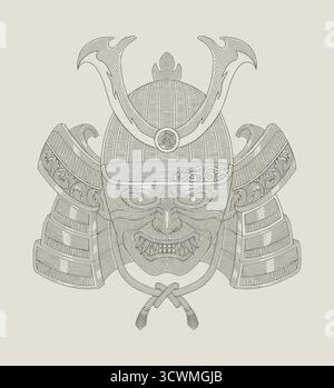 Traditional Japanese Samurai helmet, vintage Engraving drawing style vector illustration Stock Vector