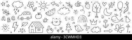 Kids outline hand drawn sun, flower cute school background. Crayon pencil stroke school doodle flower, sun, rainbow children elements. Kid style cute baby star, tree, heart shapes. Vector illustration Stock Vector