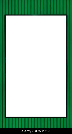 Rectangle blank white screen, enclosed thin black borde prominently displayed against vibrant emerald green wooden background. Background features tex Stock Photo
