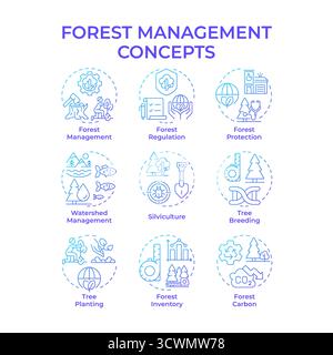 Forest management blue gradient concept icons Stock Vector