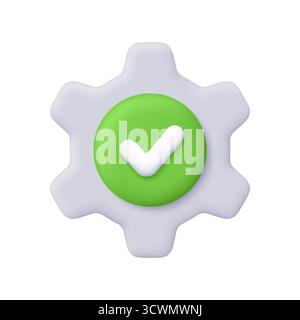 Grey gear with check mark on green circle button. Business, technology, user interface, settings, system configuration, approval and success concept. Stock Vector