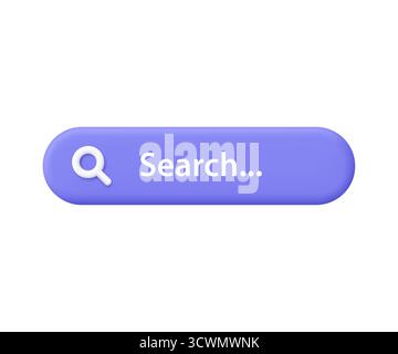Purple search bar with magnifying glass and text. Technology, web search, online browsing, internet query and user interface concept. 3d vector icon. Stock Vector