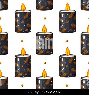 Seamless festive pattern with dark candles adorned with golden stars and abstract pine details on a rich backdrop, ideal for stylish winter greeting c Stock Vector