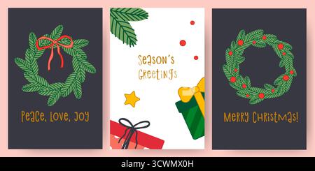 Set of three vertical Christmas card templates with hand drawn festive illustrations. Features wreaths, gift boxes, pine branches and berries with hol Stock Vector