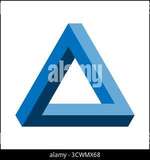 This artwork displays a Penrose triangle, an impossible object featuring three-dimensional shapes intertwined. The design highlights varying blue tones against a simple white background. Stock Vector