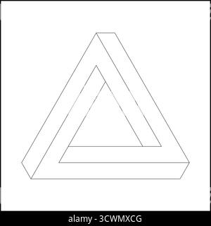 This artwork features a Penrose triangle, also known as an impossible object. It showcases a geometric design where the triangle appears three-dimensional, defying traditional perspectives. Stock Vector