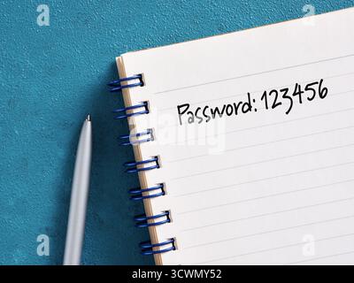 Notebook showing weak password 123456 written with pen, illustrating weak password, cybersecurity issues and identity theft risk Stock Photo