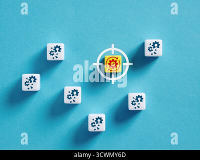 Workflow automation concept with target and gears on blue background, symbolizing efficiency and process optimization in production process. Stock Photo