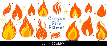 Crayon hand drawn fire flames set. Grunge elements with scribble texture. Bright sketch doodle collection Stock Vector