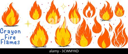Grunge crayon fire flames collection. Hand drawn punk style. Vector doodle elements and stickers Stock Vector