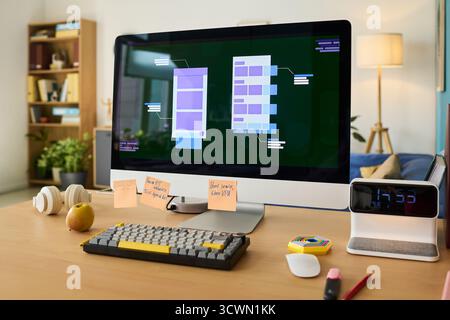 Modern Workspace Featuring Desktop Computer Displaying Mobile App Wireframes Stock Photo