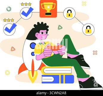Interactive Learning Gamification Vector Illustration Featuring LMS Interface with Tablet, Book, Game Controller, and Lab Flask in a Flat Background Stock Vector