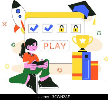 Interactive Learning Gamification Vector Illustration Featuring LMS Interface with Tablet, Book, Game Controller, and Lab Flask in a Flat Background Stock Vector