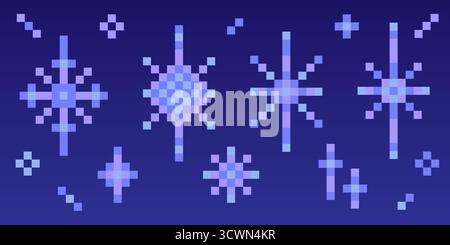 Pixel art star icons. Bitmap snowflakes elements. Y2k retro sparks and glitter decoration. Shiny magic geometric twinkles. Shiny vector abstract Stock Vector