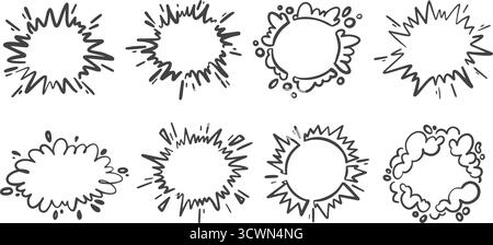 Comic burst and sped lines effect. Hand-drawn vector boom with splashes. Cartoon graphic sparks and smoke. Action circle frames with shine and Stock Vector