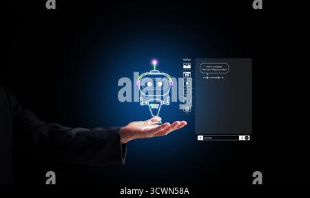 Digital virtual chatbot assistant hologram hovering over human hand, representing smart AI technology, customer support automation, and future communi Stock Photo