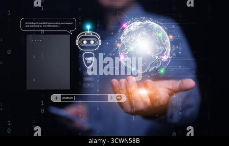 Futuristic AI assistant processing data with digital world hologram, symbolizing global network, artificial intelligence, and information technology i Stock Photo