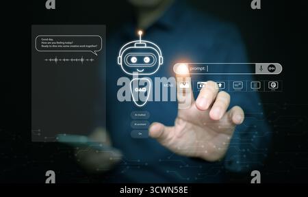 Businessman interacting with AI chatbot hologram through virtual interface, representing intelligent digital assistant, automation, and futuristic hum Stock Photo