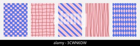 Playful seamless backgrounds with abstract geometric and hand-drawn patterns in pink and blue. Modern whimsical textures with stripes, diamonds, grids Stock Vector