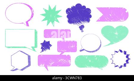 Crayon speech bubbles set isolated on white background. Vector realistic illustration of round, square, heart and cloud shape frames for message text, hand drawn color chalk dialogue boxes collection Stock Vector