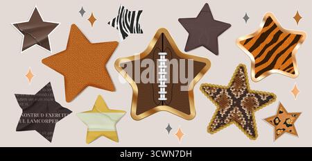 Creative paper star collage with zebra and tiger patterns for scrapbook decoration. Brown gold shapes with sequins sparkles and text elements. Mixed media design for craft projects or stickers. Stock Vector