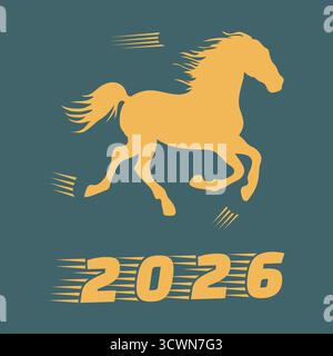 Year of horse symbol 2026 with silhouette against solid teal background vector Stock Vector