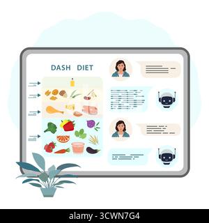 Dash diet chart featuring recommended foods and chatbot interaction with a woman vector Stock Vector