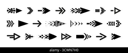 Black narrow arrow sign set with pixel, dot and geometric patterns for navigation or direction indicators. Digital pointer icons with motion lines for web interface or wayfinding system design. Stock Vector