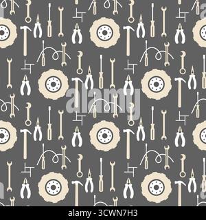Tool pattern with various hand tools like wrenches, hammers, and pliers on gray background vector Stock Vector