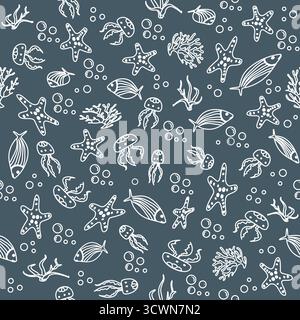 Sea creatures pattern with jellyfish, starfish, and fish on dark background for design projects vector Stock Vector