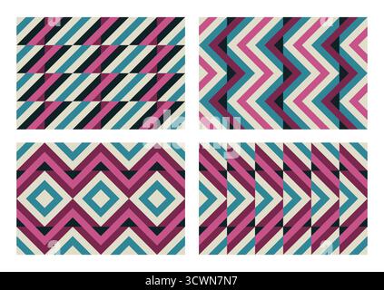 Set of 4 backgrounds, Colorful zigzags, diamonds, and optical illusion, seamless geometric vector pattern . Bold abstract design background, fabric, w Stock Vector
