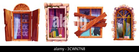 Decorative window shutter designs with wooden blinds, stone frames and broken planks for building facades or game assets. Arched openings with curtains and glass panes. Architectural exterior elements Stock Vector