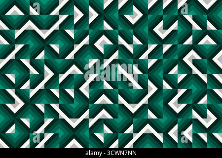 Random diagonal particles, viridian green zigzags, diamonds, and optical illusion, seamless geometric vector pattern . Bold abstract design background Stock Vector