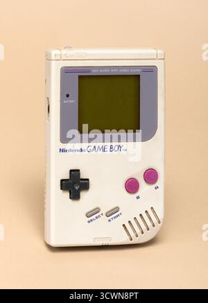 Pavia, Lombardy, Italy - December 27, 2024: Nintendo Game Boy handheld video game console, marketed from 1989 to 2003, al Ctrl+Alt Museum. Was a succe Stock Photo
