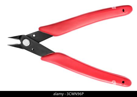 Precise wire cutters with red handles isolated on white background Stock Photo