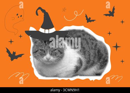 Halloween collage cat with witch hat torn paper, bat, ghost, doodle swirl background. Retro y2k poster, banner. Trick or treat spooky trendy poster. Vector illustration Stock Vector